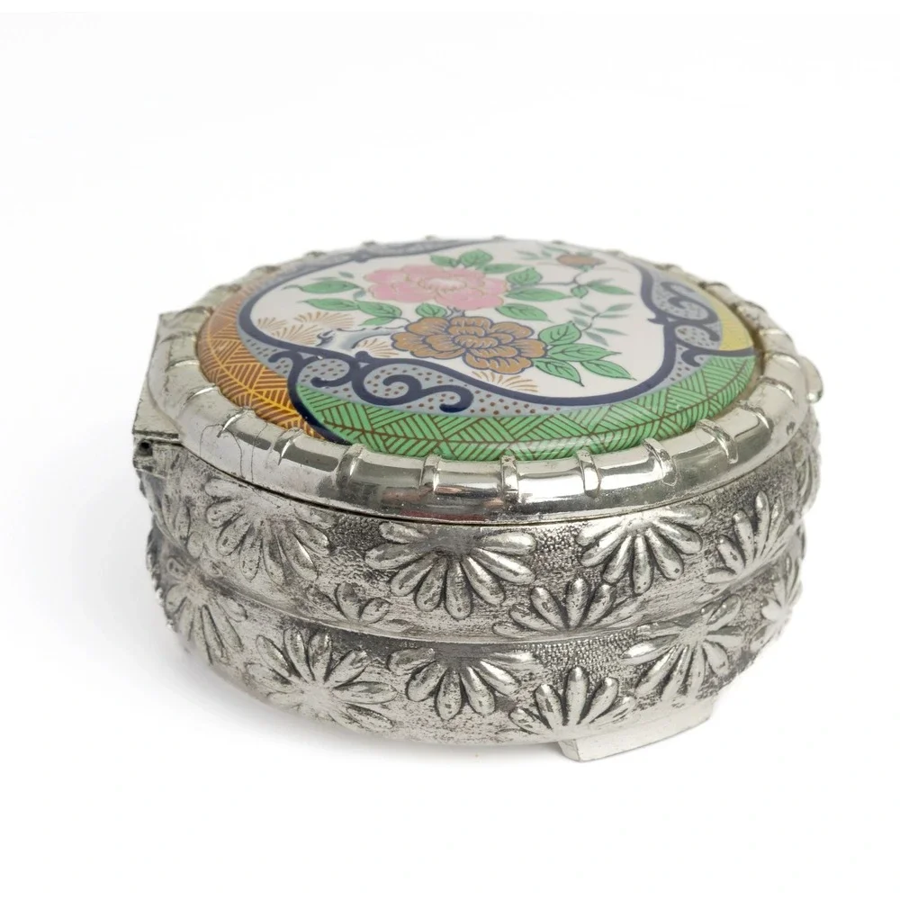F.B. Rogers Silver Plated Trinket Box Floral Porcelain Lid Vintage